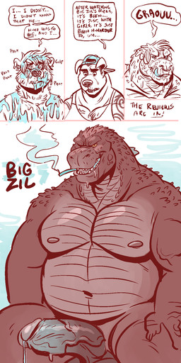 anthro balls belly big_penis bodily_fluids cigarette cum cum_on_chest cum_on_face dialogue drooling drooling_on_partner drooling_onto_other erection excessive_drooling genital_fluids genitals group humanoid_genitalia humanoid_penis looking_at_viewer male moobs musclegut muscular muscular_male navel nipples non-mammal_balls non-mammal_nipples nude open_mouth orientation_play overweight overweight_male penis precum precum_string saliva simple_background smile smoking solo speech_bubble straight_to_gay text vein dramamine godzilla_(series) monsterverse toho big_zil godzilla bear canid canine kaiju mammal monster scalie 1:2 2017 2018 comic english_text hi_res multiple_images