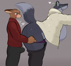 anthro areola big_breasts biped blush bodily_fluids bottomwear bottomwear_down breasts brown_body bulge clothed clothing curvy_figure detailed_bulge duo ear_piercing erection female genital_outline glistening glistening_body green_eyes grey_background grey_body heart_symbol huge_thighs imminent_sex jacket larger_female male nipples open_clothing open_jacket open_topwear panties panties_down pants pants_down partially_clothed penis_outline piercing simple_background size_difference slightly_chubby slightly_chubby_female smaller_male sweat thick_thighs topwear underwear underwear_down undressing_partner voluptuous sijimmy456 asinus canid canine canis donkey equid equine mammal wolf hi_res