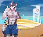 5_fingers abs anthro athletic athletic_anthro athletic_male barazoku beach biped blue_clothing blue_swimming_trunks blue_swimwear blush bulge claws clothed clothing cloud day detailed_background dipstick_tail fingers fur grey_body grey_fur happy holding_object humanoid_hands kemono lifeguard_tower looking_at_viewer male markings multicolored_body multicolored_fur muscular muscular_anthro muscular_male navel open_mouth open_smile outside pecs sand seaside smile solo surfboard swimming_trunks swimwear tail tail_markings teeth tongue topless topless_anthro topless_male two_tone_body two_tone_fur water white_body white_fur vitaly4321 canid canine canis domestic_dog mammal 2023 colored digital_media_(artwork) hi_res portrait three-quarter_portrait widescreen