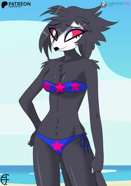 anthro bare_shoulders beach beak bikini black_body black_feathers blue_bikini blue_clothing blue_swimwear breasts cleavage clothed clothing cloud eyeshadow feather_hair feathers female makeup navel nipple_outline pink_sclera pseudo_hair sea sky small_waist smile solo star_pattern strapless_bikini strapless_clothing strapless_swimwear swimwear two-piece_swimsuit water white_eyes white_face eqf18 hellaverse helluva_boss octavia_(helluva_boss) avian bird demon owl owl_demon 2024 hi_res portrait three-quarter_portrait