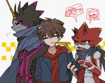 anthro black_body brown_hair cape claws clothing cross-popping_vein evolutionary_family group hair hoodie horn male red_body scarf stinger_tail topwear trio randomlyrab bandai_namco digimon digimon_ghost_game hiro_amanokawa betelgammamon digimon_(species) gulusgammamon human mammal hi_res