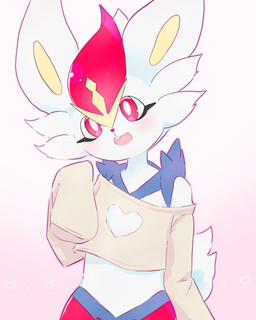 ambiguous_gender anthro blush blush_lines bottomless buckteeth clothed clothing eyelashes fur gradient_background heart_background open_mouth red_eyes shirt shirt_only simple_background solo tail teeth topwear topwear_only white_body white_fur maaomei nintendo pokemon cinderace generation_8_pokemon lagomorph mammal pokemon_(species) 2026 4:5 hi_res
