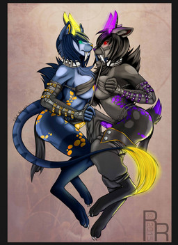 animal_genitalia animal_penis anthro areola arm_warmers armwear barefoot bdsm black_body black_border black_fur black_hair black_tail blue_body blue_fur blue_hair blue_tail bondage border bottomwear bound breasts canine_genitalia canine_penis chest_tuft claws clothed clothing collar digitigrade dominant dominant_gynomorph dominant_intersex duo erection erection_under_clothing eye_contact fangs feet fur genitals glowing glowing_eyes green_eyes grey_body grey_fur gynomorph hair hand_on_penis holding_leash holding_object horn intersex knot leash leash_pull loincloth long_tail looking_at_another markings multicolored_body multicolored_fur muzzle_(object) muzzled nipples orange_nose orange_penis penis purple_nose purple_penis red_eyes sabertooth_(anatomy) sharp_teeth sheath short_tail smile spots spotted_body spotted_fur tail tail_tuft teeth tenting toe_claws tuft two_tone_body two_tone_fur wet wet_clothing rhine felid mammal prehistoric_species saber-toothed_tiger 2015 hi_res incest_(lore) sibling_(lore) sister_(lore) sisters_(lore) twincest_(lore) twins_(lore)