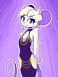 anthro blush chain clothed clothing crossdressing femboy fully_clothed gold_(metal) gold_chain gradient_background hands_behind_back jewelry looking_at_viewer male pie_cut_eyes purple_background purple_eyes simple_background smile solo standing tail whygena hollow_hip_backless_chain_dress meme_clothing reggie_(whygena) mammal murid murine rat rodent meme male_(lore)