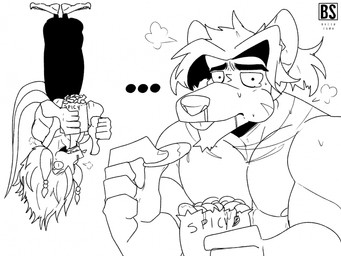 animal_behavior anthro bodily_fluids cheek_bulge chin_tuft chips_(food) drooling duo ellipsis facial_hair facial_tuft food gesture goatee hair hand_gesture long_hair looking_at_viewer male muscular muscular_male runny_nose saliva spicy steam tears thumbs_up tuft upside_down bacon_sama bacon_(bacon_sama) calgirio_(octostorm) gecko lizard mammal murid murine rat reptile rodent scalie hi_res monochrome