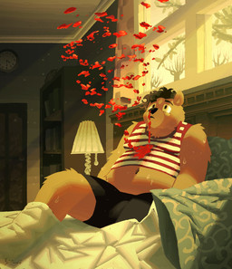 anthro bed biped blood bodily_fluids brown_body brown_fur fur furniture looking_up male nosebleed on_bed overweight overweight_anthro overweight_male solo sunset wahredpand89997 bear mammal 2024 hi_res warm_colors