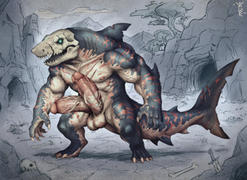 2_penises 4_toes anthro balls big_penis bone claws detailed_background erection feet fur genitals glans glowing glowing_eyes huge_penis humanoid_genitalia humanoid_penis male multi_genitalia multi_penis muscular muscular_anthro muscular_male nipples nude nude_anthro nude_male penis pink_glans pink_nipples scar short_fur skull skull_head solo tail toe_claws toes vein veiny_penis fluff1zard theotman_(morkep) aquatic fish shark absurd_res detailed digital_media_(artwork) hi_res