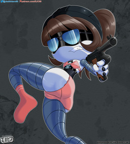 armor brown_hair butt clothed clothing eyewear female fingers glasses gun hair hat headgear headwear helmet looking_back machine not_furry ponytail ranged_weapon screen_eyes simple_background solo text underwear unnamed_detective_drone weapon white_body jackintaro glitch_productions murder_drones unnamed_character android humanoid robot robot_humanoid worker_drone absurd_res digital_media_(artwork) hi_res url