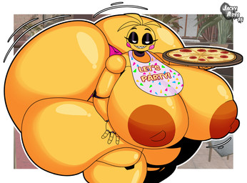 anthro areola bedroom_eyes big_breasts big_butt black_sclera breasts brown_areola brown_nipples butt clothed clothing exclamation_point female food huge_breasts huge_butt huge_hips huge_thighs hyper hyper_breasts hyper_butt hyper_hips hyper_thighs logo looking_at_viewer machine narrowed_eyes nipples non-mammal_breasts panties pizza seductive smile solo text thick_thighs topless underwear white_eyes wide_hips yellow_body jacky-arts five_nights_at_freddy's five_nights_at_freddy's_2 scottgames toy_chica_(fnaf) animatronic avian bird chicken galliform phasianid robot 2026 artist_logo english_text hi_res watermark