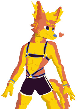 abs anthro athletic blue_eyes blue_nose bottomwear clothing fur fur_markings glow_ring harness heart_symbol male markings orange_body orange_fur pecs shorts showing_off_muscles simple_background simple_coloring solo standing twunk white_background yellow_body yellow_fur garbage_art fancy_dawg canid canine canis domestic_dog mammal hi_res