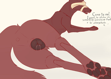 animal_ears animal_genitalia animal_vulva bandage blind canine_genitalia canine_vulva cult cultist disability female feral genitals looking_back paws presenting presenting_vulva red_body solo symbol tail text vulva wide_hips sasers ria_(sasers) canid canine canis domestic_dog jackal mammal absurd_res english_text hi_res