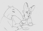 anthro beverage cheek_tuft clothed clothing container cup duo eyes_closed facial_tuft fur hoodie tea topwear tuft s1m luke_(s1m) anteater felid feline mammal pilosan serval xenarthran 2022 digital_media_(artwork) hi_res monochrome sketch