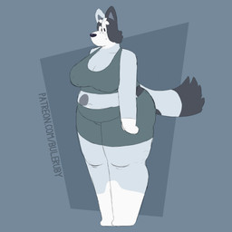 anthro big_breasts black_eyes black_nose black_tail_tip blue_background blue_bottomwear blue_clothing blue_crop_top blue_shirt blue_shorts blue_topwear bottomwear breasts butt cheek_tuft circle_eyebrows cleavage clothed clothed_anthro clothed_female clothing crop_top dipstick_tail eyebrows eyelashes facial_tuft featureless_feet feet female female_anthro fully_clothed fully_clothed_anthro fully_clothed_female fur grey_body grey_fur grey_tail markings midriff mitten_hands mouth_closed multicolored_body multicolored_fur navel overweight overweight_anthro overweight_female shirt shorts simple_background solo standing straight_arm straight_legs tail tail_markings text thick_thighs topwear tuft two_tone_tail white_eyebrows white_markings buleruby bluey_(series) trixie_heeler australian_cattle_dog canid canine canis cattledog domestic_dog herding_dog mammal pastoral_dog 1:1 2025 absurd_res digital_drawing_(artwork) digital_media_(artwork) english_description flat_colors hi_res url