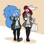 anthro blue_body blue_fur blue_hair breasts buckteeth clothing coffee_cup container cup duo female fur hair jacket legwear red_hair scarf shopping_bag simple_background smile stockings teeth topwear walking lettuce_(artist) kaltren lettuce_(latexia) lagomorph leporid mammal rabbit rodent sciurid tree_squirrel 2021 absurd_res digital_media_(artwork) hi_res