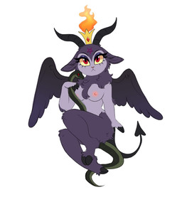 anthro breasts crown duo eyelashes female feral fire fur green_body green_scales headgear hooves horn looking_at_viewer nipples nude nude_anthro nude_female occult_symbol pentagram scales simple_background symbol tail white_background wings cherrybunii fan_character bovid caprine caprine_demon demon goat goat_demon mammal reptile scalie snake hi_res
