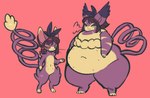 accessory anthro biped bow_ribbon brown_hair curled_tail female fur hair hair_accessory hair_bow hair_ribbon looking_at_viewer multi_nipple navel nipples overweight pawpads pink_background pink_eyelids pink_inner_ear pink_pawpads purple_body ribbons simple_background size_difference slightly_chubby tail whiskers white_body white_fur serafphim nintendo pokemon domestic_cat felid feline felis generation_4_pokemon glameow mammal pokemon_(species) purugly hi_res