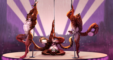 4_toes 5_fingers abs anthro anus audience backsack balls biceps butt countershade_face countershade_torso countershading dancing erection feet fingers flexible flower flower_in_mouth fur genitals glans group humanoid_feet humanoid_genitalia humanoid_hands humanoid_penis looking_at_viewer male multicolored_body multicolored_fur muscular navel nipple_piercing nipples nude nude_in_front_of_audience one_eye_closed orange_body orange_fur pawpads pecs penis perineum piercing pink_nose pink_penis plant plantigrade pole pole_dancing rose_(flower) rose_in_mouth splits spread_legs spreading striped_body striped_fur stripes stripper_pole toes tongue tongue_out two_tone_body two_tone_fur vein veiny_penis white_balls white_body white_countershading white_fur white_perineum wink mickey_the_retriever disney zootopia tiger_dancer_(zootopia) felid mammal pantherine tiger