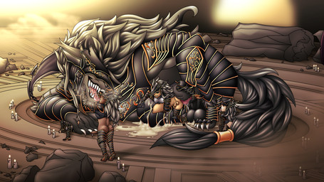 abdominal_bulge anal animal_genitalia animal_penis anthro anthro_dominating_human armor balls big_penis black_armor bodily_fluids breath butt canine_genitalia canine_penis cape clothing cum cum_on_ground cum_on_leg dominant excessive_cum excessive_genital_fluids extreme_french_kiss french_kissing genital_fluids genitals group hair heavy_balls huge_penis human_on_anthro interspecies kissing knot larger_dom long_hair long_tongue male male/male oral penis rimming ruins saliva sex sharp_teeth size_difference tail teeth tongue ahegarou elden_ring fromsoftware maliketh_(elden_ring) human mammal absurd_res hi_res