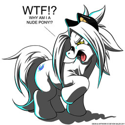 alternate_species black_markings cutie_mark feral fur hair male markings open_mouth solo text white_body white_fur white_hair yellow_eyes deonwolf hasbro my_little_pony deon_(deonwolf) equid equine horse mammal pony 1:1 2011 artist_name digital_media_(artwork) english_text