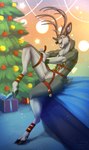 andromorph anthro antlers bell bell_harness christmas_tree detailed_background genitals gift harness holidays hooves horn inner_ear_fluff inside intersex neck_tuft open_mouth plant pussy sitting solo tree tuft sunny_way christmas jayne_doe deer mammal 2022 hi_res signature