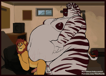 after_sex anthro balls belly belly_grab belly_on_back big_balls big_belly big_moobs big_nipples big_penis bite biting_lip bodily_fluids butt cum cum_on_balls detailed_background duo erection eyes_closed from_behind_position furniture genital_fluids genitals huge_nipples inside larger_male looking_at_another looking_at_partner looking_back looking_back_at_another looking_back_at_partner looking_pleasured male male/male mane moobs navel nipples overweight overweight_male penis penis_size_difference scrotum_flap sex size_difference slim_male small_penis smaller_male smile sofa speaker stretch_marks stripes tail tail_tuft text thick_thighs tuft weight_difference window tcw equid equine felid lion mammal pantherine zebra url
