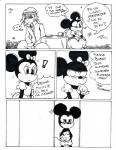 anthro bow_(feature) bow_accessory container cup dialogue ear_bow female male round_ears text tired loreking disney kingdom_hearts square_enix mickey_mouse minnie_mouse riku_(kingdom_hearts) human mammal mouse murid murine rodent black_and_white comic hi_res monochrome spanish_text translated