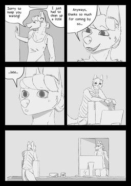 anthro arm_tuft athletic athletic_anthro athletic_female blush blush_lines breasts chair cheek_tuft clothed clothing computer dialogue duo ear_tuft electronics eye_contact eyelashes facial_tuft female fur fur_tuft furniture hair hair_bun hair_over_eye hair_over_face jacket leaning_on_object long_tail looking_at_another open_mouth pockets ponytail pupils question_mark shirt short_hair shoulder_tuft sidecut simple_background slightly_open_mouth small_breasts smile speech_bubble surprised tail tank_top text topwear translucent translucent_hair tuft tufted_fur white_body himynameis angie_(himynameis) megan_(himynameis) canid canine mammal absurd_res comic digital_drawing_(artwork) digital_media_(artwork) english_text hi_res krita_(artwork) monochrome shaded sketch