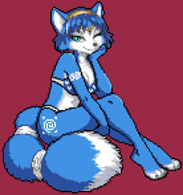 accessory anthro bikini blue_body blue_fur blue_hair breasts circlet clothing dipstick_tail feet female fur furgonomics green_eyes hair hair_accessory hairband hand_on_cheek markings one_eye_closed sitting smile solo swimwear tail tail_accessory tail_markings tailband two-piece_swimsuit white_body white_fur wink derous nintendo star_fox krystal_(star_fox) canid canine fox mammal 2025 absurd_res digital_media_(artwork) hi_res pixel_(artwork) wplace_(artwork)