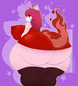 bangs big_breasts big_butt breasts butt clothed clothing dress female fire flaming_tail fur hair heart_symbol huge_breasts huge_butt hyper hyper_butt ineffective_clothing legwear looking_back nipple_outline pink_body pink_fur purple_background red_clothing red_eyes red_hair shadow simple_background solo star tail thick_thighs white_body white_fur wide_hips p0verteils felid mammal absurd_res hi_res signature