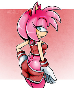 anthro athletic_wear bedroom_eyes bottomwear breasts butt clothed clothing eyelashes female fur gloves green_eyes gym_bottomwear gym_shorts hair half-closed_eyes handwear looking_at_viewer looking_back narrowed_eyes pink_body presenting presenting_hindquarters seductive shorts simple_background solo standing tail topwear voidsdroids sega sonic_the_hedgehog_(series) amy_rose eulipotyphlan hedgehog mammal digital_media_(artwork) hi_res