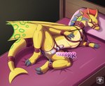 bdsm bed bedroom_eyes blush bodily_fluids bondage bound claws collar female feral frill_(anatomy) furniture genitals half-closed_eyes membrane_(anatomy) muzzle_(object) muzzled narrowed_eyes nude on_bed presenting presenting_pussy pussy red_eyes seductive sex_toy smile solo spread_legs spreading sweat tail vibrator wand_vibrator wings yellow_body n1k0 angels_with_scaly_wings european_mythology mythology adine_(angels_with_scaly_wings) dragon mythological_creature mythological_scalie scalie western_dragon wyvern hi_res