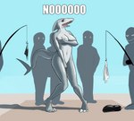 3_toes anthro breasts clothing clothing_theft covering covering_self embarrassed feet female fishing_rod group hand_bikini nipples non-mammal_breasts outside stealing text toes torn_clothing joeyjazz fish marine shark absurd_res hi_res meme