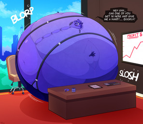 anthro belly blue_body blue_fur blueberry_inflation body_inflation button_(fastener) chair clothed clothing container cup desk dessert dialogue doughnut exposed_belly food fur furniture immobile inflation inside male motion_lines mug navel necktie office office_chair open_mouth pastry slosh sloshing_belly solo speech_bubble spherical_inflation straining_buttons suspenders swollen_cheeks table text tight_clothing window frootz canid canine canis mammal wolf english_text hi_res