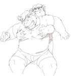 anthro bottomwear clothing duo grope hug hugging_another hugging_from_behind humanoid_hands kemono male overweight overweight_male shirt shorts simple_background topwear white_background train_(artist) bovid bovine cattle mammal 2018 monochrome