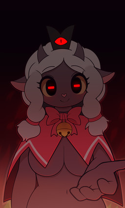 anthro blush clothing cosplay female fire looking_at_viewer red_clothing smile solo conditional_dnp pinkcappachino cult_of_the_lamb massive_monster_(studio) nintendo pokemon lamb_(cult_of_the_lamb) red_crown_(cult_of_the_lamb) bovid caprine generation_8_pokemon mammal pokemon_(species) wooloo 2026 3:5 digital_media_(artwork) hi_res
