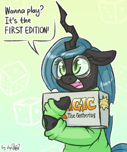 blush box clothing container d6 dialogue dice exclamation_point eyelashes eyewear fangs female glasses green_background green_eyes hair holding_object horn open_mouth open_smile pupils question_mark simple_background slit_pupils smile solo speech_bubble sweater teal_hair teeth text tongue topwear dsp2003 friendship_is_magic hasbro loss magic:_the_gathering my_little_pony wizards_of_the_coast queen_chrysalis_(mlp) arthropod changeling_(mlp) 2018 english_text half-length_portrait hi_res meme portrait signature
