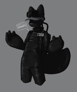anthro backpack biped black_latex camera clothing_tag collar drone eyewear eyewear_on_head goggles goggles_on_head grey_background harness latex male sensory_deprivation simple_background slim_anthro slim_male solo text wearing_hat iniratua canid canine canis mammal wolf 2025 english_text hi_res