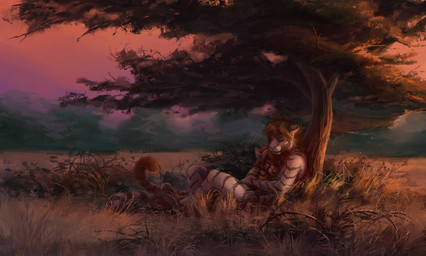 ambiguous_gender anthro black_stripes cuddling day detailed_background digitigrade duo fur grass hug lying nature nude orange_body orange_fur outside plant sitting sky striped_body striped_fur stripes sunset tree white_body white_fur akineza felid mammal pantherine tiger digital_media_(artwork) hi_res