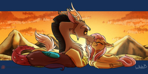 antlers black_hair blush duo eyes_closed female feral hair horn inner_ear_fluff kiss_on_nose kissing lying male on_side pink_hair rear_view red_eyes romantic romantic_ambiance smile sunset tail tail_tuft tuft wings yellow_sclera inuhoshi-to-darkpen friendship_is_magic hasbro my_little_pony mythology discord_(mlp) fluttershy_(mlp) chimera draconequus equid equine mammal mythological_creature mythological_equine pegasus 2017 alpha_channel
