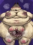 areola belly big_belly big_pussy blush bodily_fluids breasts female gaping gaping_pussy genitals hyper hyper_genitalia hyper_pussy nipples obese overweight overweight_female purple_background pussy simple_background solo sweat michi_maru the_moomins moominmamma moomin 2020 hi_res