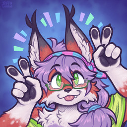 anthro blue_background brown_body brown_fur eyewear female fingerpads fur gesture glasses green_eyes green_eyewear green_glasses hair hand_gesture looking_at_viewer pawpads purple_hair simple_background smile solo v_sign white_body white_fur taffywabbit paps_(papermariofan) felid feline lynx mammal 1:1 2026 digital_media_(artwork) portrait