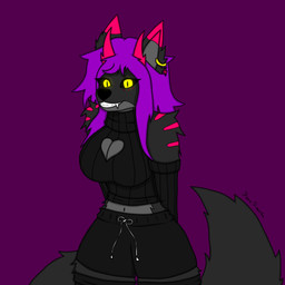 anthro big_breasts big_tail black_body black_bottomwear black_clothing black_fur black_nipples black_sclera black_shorts bottomwear breasts clothing ear_piercing ear_ring female fluffy fluffy_ears fluffy_tail fur fur_markings gem grin hair horn jewelry legwear markings nipples piercing purple_hair ring_piercing short_hair short_horn shorts sleeveless_clothing sleeves small_horn smile solo standing stockings suggestive sweater tail thigh_highs topwear turtleneck yellow_eyes reena_dreamer reena_(reena_dreamer) canid canine canis demon hybrid mammal succubus wolf 1:1 absurd_res hi_res