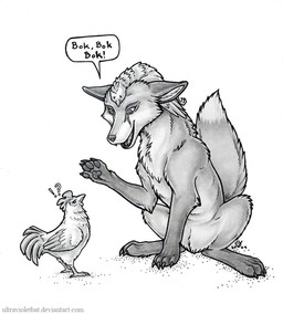 ambiguous_gender beak claws death dialogue doing_it_wrong duo feathers feral humor interrobang pawpads simple_background sitting speech_bubble symbol-shaped_eyes tail text toe_claws unusual_eyes white_background x_eyes ultraviolet avian bird canid canine chicken fox galliform mammal phasianid 2009 english_text greyscale monochrome signature