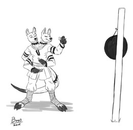 2_heads 4_arms 5_fingers aiming anthro clothed clothing collar conjoined dart dartboard fingers holding_object male multi_arm multi_head multi_limb one_eye_closed pole simple_background solo spiked_collar spikes tongue tongue_out white_background boo3 darkwingdork gamerwolf84 kangaroo macropod mammal marsupial 2015 greyscale hi_res monochrome signature sketch