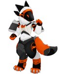 anthro black_ears carbon_fiber claws clothing floating_limbs fur gas_tank gloves handwear knee_brace machine male motorcycle orange_eyes radiator simple_background solo vehicle white_background white_body white_fur ittybittiestpawz enduro_(character) protogen absurd_res full-length_portrait hi_res portrait