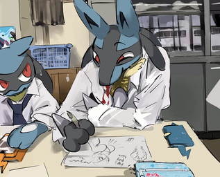 anthro blood blue_body blue_ears blue_necktie bodily_fluids chest_spike clothed clothing creating_art duo ears_up eyebrows fingers fur inside looking_at_another looking_down necktie nosebleed procrastinating red_eyes spikes spikes_(anatomy) topwear white_clothing white_topwear yellow_body yellow_fur kusochibikemona nintendo pokemon generation_4_pokemon lucario pokemon_(species) riolu 2025 hi_res