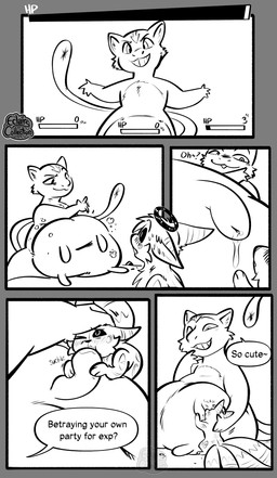 ambiguous_gender anthro blush blush_lines bodily_fluids dialogue duo female gameplay_mechanics gui halo hand_on_head health_bar hyper_udders lactating multi_tail one_eye_closed speech_bubble tail tail_motion tailwag teats udder_lactation udder_nursing udders eclairscollection nintendo pokemon eevee generation_1_pokemon legendary_pokemon mew_(pokemon) pokemon_(species) black_and_white comic hi_res monochrome