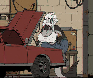 ammo_box anthro beverage_can big_breasts black_body black_skin breasts claws cleavage clothed clothing female fin garage grey_body grey_skin hair mechanic midriff nipple_outline shirt solo tail tail_fin tank_top topwear vehicle white_hair alexandrys sasha_(tiger74005) aquatic fish shark hi_res