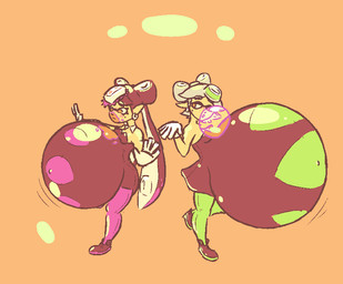 air_inflation belly belly_expansion big_belly black_clothing black_eyebrows black_footwear black_hair black_shoes black_topwear blowing_bubble_gum bottomwear bubble_gum clothing duo ear_piercing expansion eyebrows eyelashes female footwear gloves green_bottomwear green_clothing green_headwear green_pants grey_eyebrows grey_hair hair handwear headgear headwear huge_belly hyper hyper_belly hyper_inflation inflation markings mole_(marking) motion_lines navel navel_outline not_furry orange_background orange_eyes outie_navel pants piercing pink_bottomwear pink_clothing pink_pants pseudo_hair simple_background swelling tan_body tan_skin tentacle_hair tentacles three-quarter_view topwear white_clothing white_ear_piercing white_gloves white_handwear white_headwear bo-the-sno nintendo splatoon callie_(splatoon) marie_(splatoon) animal_humanoid cephalopod cephalopod_humanoid humanoid inkling marine marine_humanoid mollusk mollusk_humanoid 2017 colored digital_drawing_(artwork) digital_media_(artwork) flat_colors cousins_(lore)