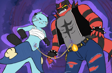 anthro aura bdsm belt belt_buckle bondage bottomwear bound bound_together bracelet buckle chain chained chained_together chest_wraps clenched_teeth clothing cobondage curse cursed_object denim denim_bottomwear denim_clothing duo female fingerless_gloves flinch gloves grimace handwear jacket jacket_vest jeans jewelry magic male male/female midriff muscular muscular_male navel navel_fetish navel_pendant navel_piercing one_eye_closed pants piercing ritual seashell shell shirtless_male shortstack soul_bonding spiked_bracelet spikes stuck_together teeth topwear torn_bottomwear torn_clothing torn_jeans torn_pants vest wraps vkhj2002 nintendo pokemon dante_the_incineroar dewott generation_5_pokemon generation_7_pokemon incineroar pokemon_(species) absurd_res hi_res
